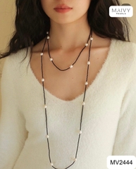 MV2444 -  Dây chuyền đá spinel đen mix ngọc trai ngọt trắng dài 180cm