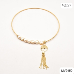 MV2450 - Kiềng tua rua mix trai quấn viền bạc mạ vàng 18K