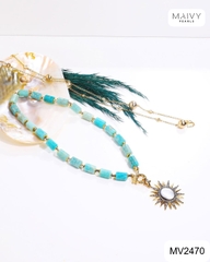 MV2470 - Set đá thạch anh xanh dương hình đốt khối mix phụ kiện charm bạc 925 mạ vàng 18k gồm dây chuyền và lắc tay
