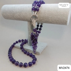 MV2474 - Set thạch anh tím hạt tròn n gồm dây kèm mặt, bông tai