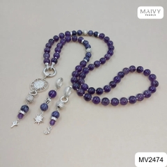 MV2474 - Set thạch anh tím hạt tròn n gồm dây kèm mặt, bông tai