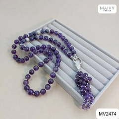 MV2474 - Set thạch anh tím hạt tròn n gồm dây kèm mặt, bông tai