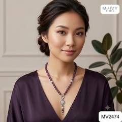 MV2474 - Set thạch anh tím hạt tròn n gồm dây kèm mặt, bông tai