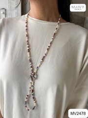 MV2478 - Dây chuyền ngọc trai trắng mix đá tự nhiên nhiều màu dài 120cm sz 3-4mm