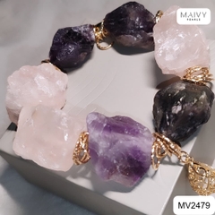 MV2479 - Lắc tay đá thạch anh hình khối thô màu hồng mix màu tím