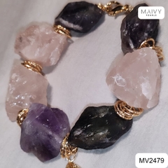 MV2479 - Lắc tay đá thạch anh hình khối thô màu hồng mix màu tím