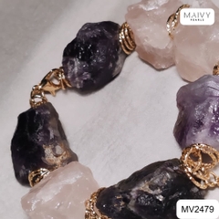 MV2479 - Lắc tay đá thạch anh hình khối thô màu hồng mix màu tím