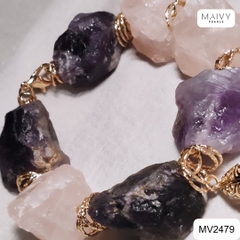 MV2479 - Lắc tay đá thạch anh hình khối thô màu hồng mix màu tím