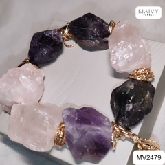 MV2479 - Lắc tay đá thạch anh hình khối thô màu hồng mix màu tím