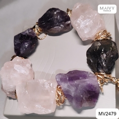MV2479 - Lắc tay đá thạch anh hình khối thô màu hồng mix màu tím
