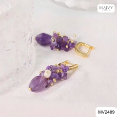 MV2489- Set thạch anh tím mix ngọc trai trắng gồm dây chuyền phía trước xếp 2 tầng và bông tai kết chùm