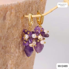 MV2489- Set thạch anh tím mix ngọc trai trắng gồm dây chuyền phía trước xếp 2 tầng và bông tai kết chùm