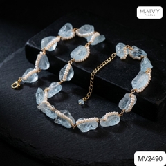 MV2490 - Dây chuyền đá thạch anh xanh hình khối mix ngọc trai trắng sz nhí