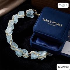 MV2490 - Dây chuyền đá thạch anh xanh hình khối mix ngọc trai trắng sz nhí
