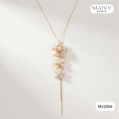MV2504 - Dây chuyền bạc 925 mạ vàng 18k mặt ngọc trai trắng kết 3 bông hoa 5 cánh thả dài