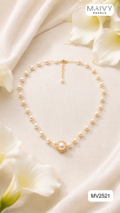 MV2521 - Dây chuyền ngọc trai trắng size 4-5mm nhấn viên to sz 10mm bọc viền dáng chocker