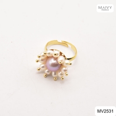 MV2531 - Nhẫn ngọc trai gạo kết dáng hoa mặt trời freesize phụ kiện bạc 925 mạ vàng 18k