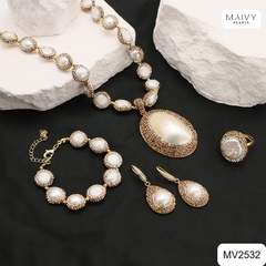 MV2532 - Set bộ ngọc trai trắng kiểu dáng trung đông có cẩn đá xung quanh gồm dây chuyền/lắc tay/bông tai/nhẫn