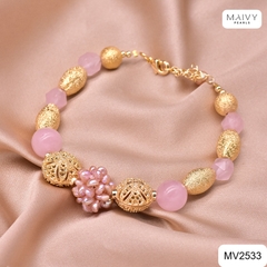 MV2533 - Lắc tay ngọc trai nhí màu hồng kết chùm mix đá hồng charm bạc 925 mạ vàng 18k
