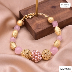MV2533 - Lắc tay ngọc trai nhí màu hồng kết chùm mix đá hồng charm bạc 925 mạ vàng 18k