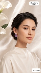 MV2536 - Bông tai ngọc trai trắng mix đá thạch anh tím dáng nụ