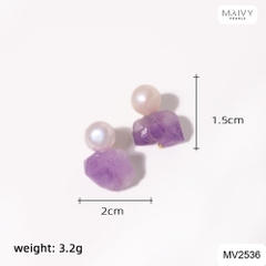MV2536 - Bông tai ngọc trai trắng mix đá thạch anh tím dáng nụ