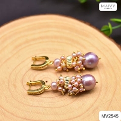 MV2545- Bông tai ngọc trai hồng ánh tím nhiều size kết chùm tầng dáng tònten