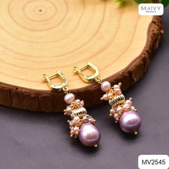 MV2545- Bông tai ngọc trai hồng ánh tím nhiều size kết chùm tầng dáng tònten