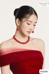 MV2546 - Set 2 sản phẩm lắc tay và bông tai san hô đỏ khối size 11-13mm