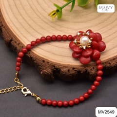 MV2549 - Set san hô đỏ tự nhiên kết hoa gồm dây chuyền/lắc/nhẫn/bông tai