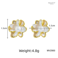 MV2563- Bông tai dáng hoa mạ vàng 18k đính ngọc trai trắng sz z6-7mm