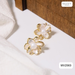MV2563- Bông tai dáng hoa mạ vàng 18k đính ngọc trai trắng sz z6-7mm
