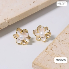 MV2563- Bông tai dáng hoa mạ vàng 18k đính ngọc trai trắng sz z6-7mm