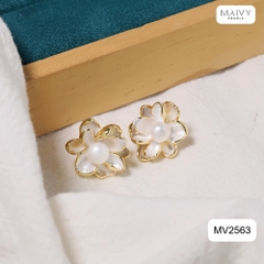 MV2563- Bông tai dáng hoa mạ vàng 18k đính ngọc trai trắng sz z6-7mm