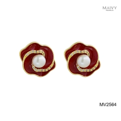 MV2564 - bông tai hoa đỏ nữ tính đính ngọc trai tròn trắng sz 5-6mm