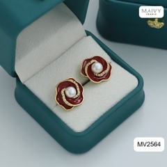 MV2564 - bông tai hoa đỏ nữ tính đính ngọc trai tròn trắng sz 5-6mm