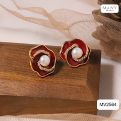 MV2564 - bông tai hoa đỏ nữ tính đính ngọc trai tròn trắng sz 5-6mm