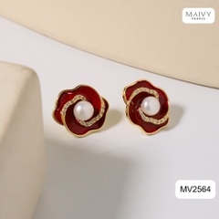 MV2564 - bông tai hoa đỏ nữ tính đính ngọc trai tròn trắng sz 5-6mm
