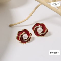 MV2564 - bông tai hoa đỏ nữ tính đính ngọc trai tròn trắng sz 5-6mm