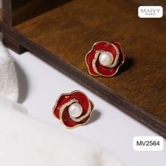 MV2564 - bông tai hoa đỏ nữ tính đính ngọc trai tròn trắng sz 5-6mm