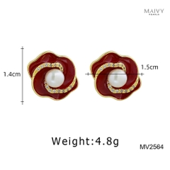 MV2564 - bông tai hoa đỏ nữ tính đính ngọc trai tròn trắng sz 5-6mm