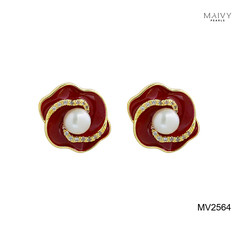 MV2564 - bông tai hoa đỏ nữ tính đính ngọc trai tròn trắng sz 5-6mm