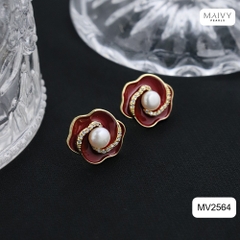 MV2564 - bông tai hoa đỏ nữ tính đính ngọc trai tròn trắng sz 5-6mm
