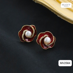 MV2564 - bông tai hoa đỏ nữ tính đính ngọc trai tròn trắng sz 5-6mm