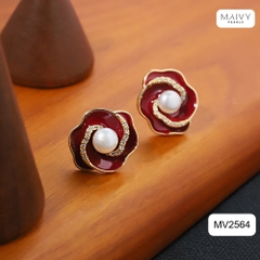 MV2564 - bông tai hoa đỏ nữ tính đính ngọc trai tròn trắng sz 5-6mm