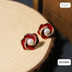 MV2564 - bông tai hoa đỏ nữ tính đính ngọc trai tròn trắng sz 5-6mm