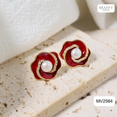 MV2564 - bông tai hoa đỏ nữ tính đính ngọc trai tròn trắng sz 5-6mm