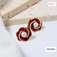 MV2564 - bông tai hoa đỏ nữ tính đính ngọc trai tròn trắng sz 5-6mm
