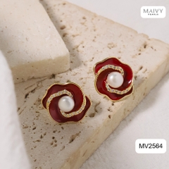 MV2564 - bông tai hoa đỏ nữ tính đính ngọc trai tròn trắng sz 5-6mm