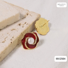 MV2564 - bông tai hoa đỏ nữ tính đính ngọc trai tròn trắng sz 5-6mm